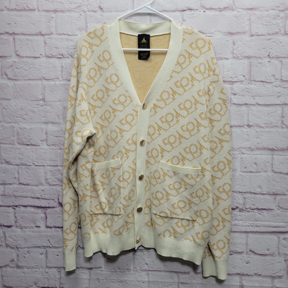 Disney Parks 50th Anniversary Logo Cardigan Sweater Mens XL Gold Button Preppy